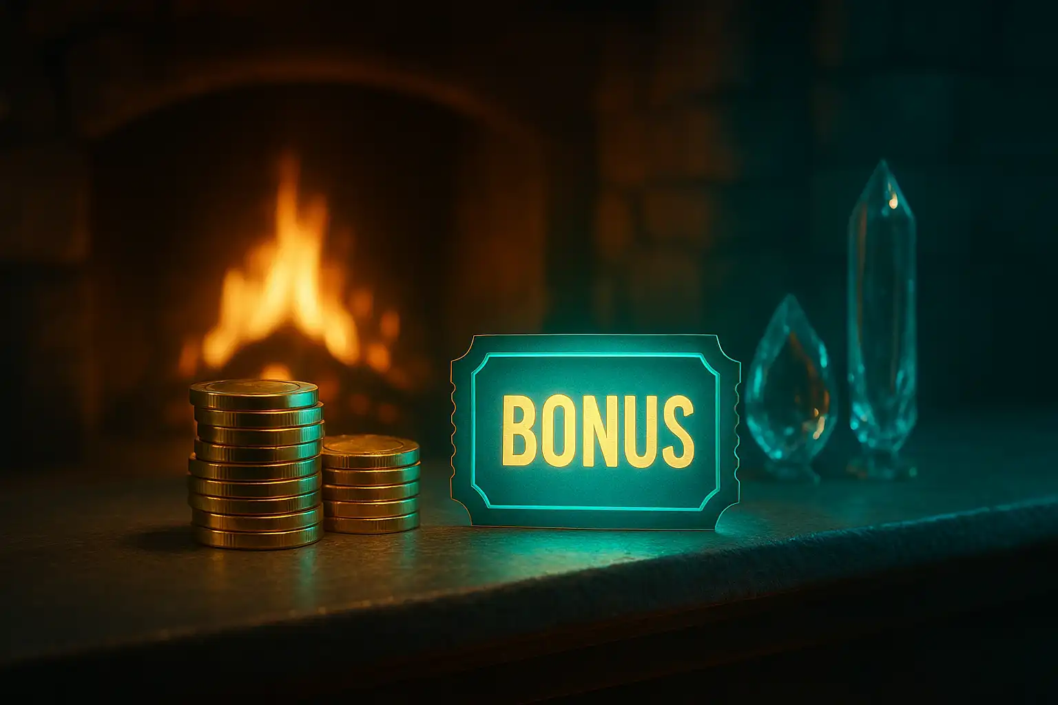 Stack of gold casino chips beside a glowing bonus ticket on a stone fireplace mantel