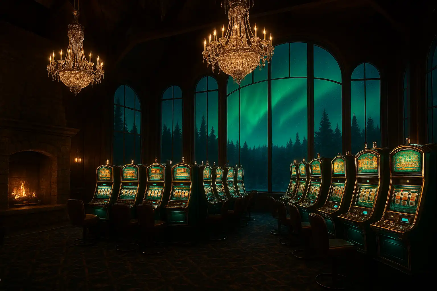 Luxurious casino floor inside a northern estate with the aurora borealis glowing through tall windows