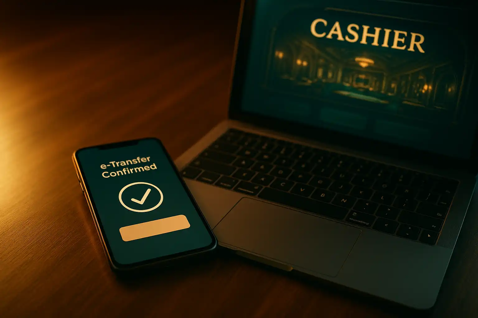 Smartphone showing an Interac e-Transfer confirmation beside a laptop displaying the LuxWinners cashier